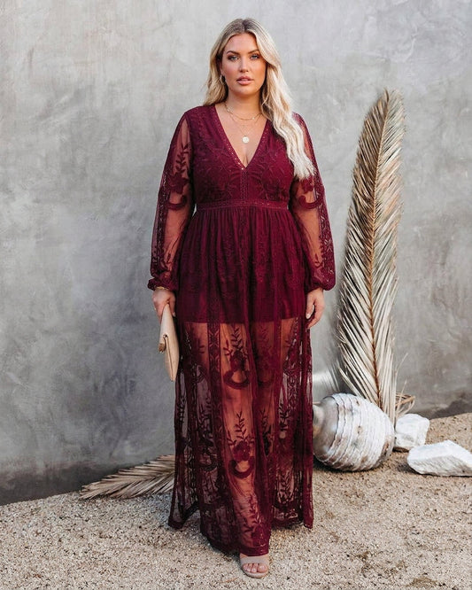 Women's Long Sleeve V-Neck Floor-Length Dress With Side Slit