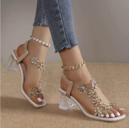 Floral Rhinestone Orthopedic Heeled Sandals