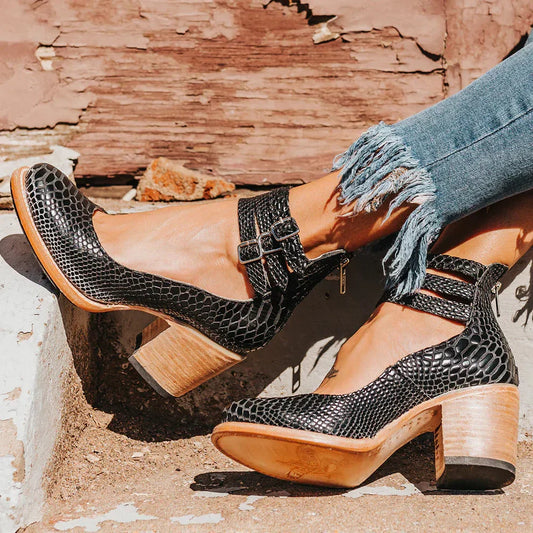 Strappy Ankle Buckle Block Heel Pumps