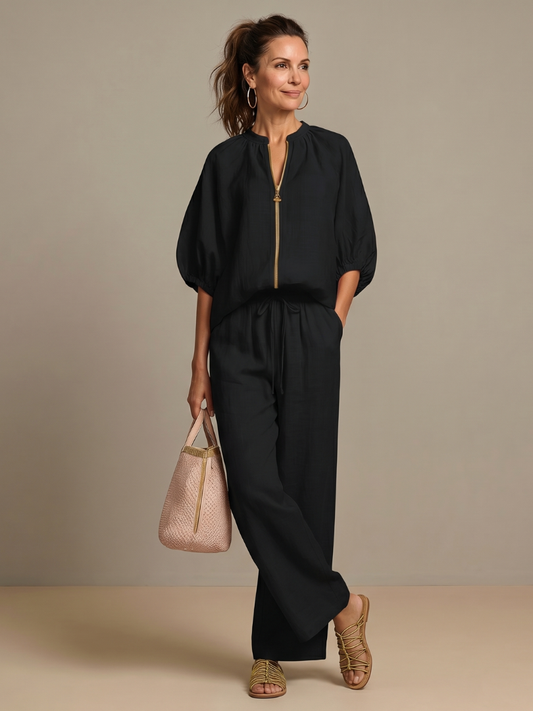 Linen Blend Zip Front Wide Leg Two Piece Set