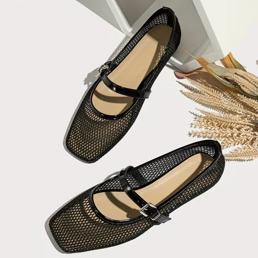 Square Toe Mesh Mary Jane Flats