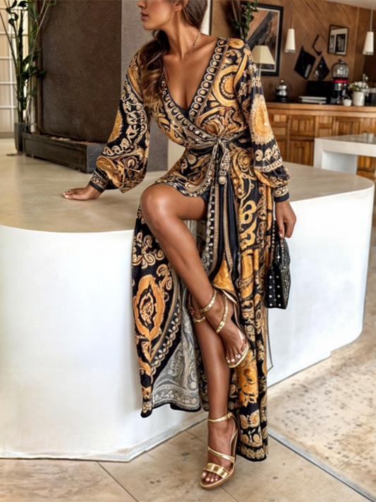 Bohemian Golden Print High Slit Maxi Dress