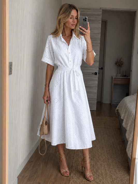 Cotton Blend Collared Midi Shirt Dress