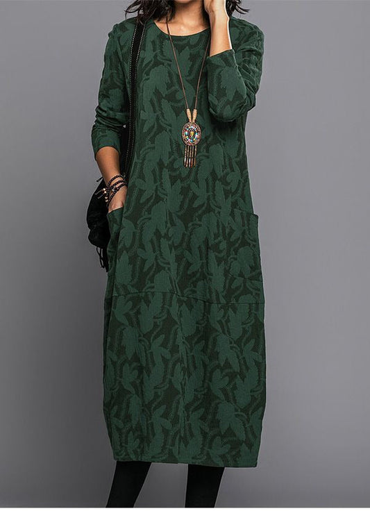 Relaxed Fit Floral Long Sleeve Midi Pocket Dress