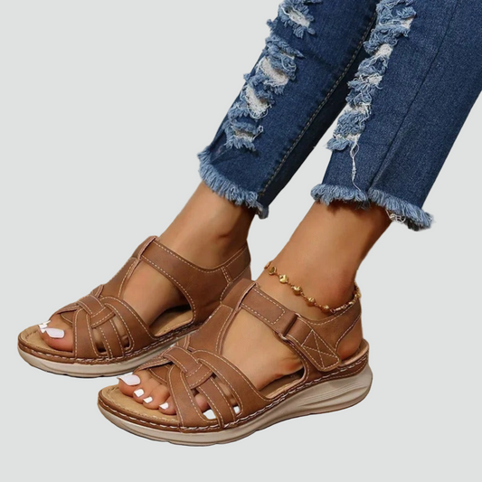 Open Toe Leather Sandals With Velcro Closure