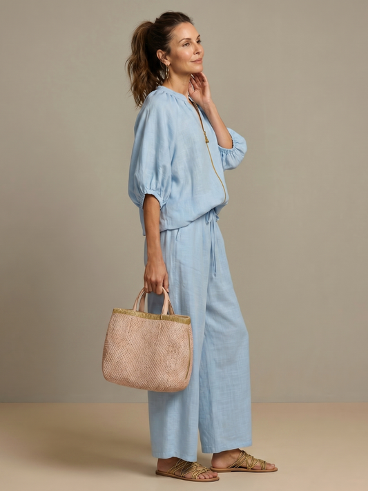 Linen Blend Zip Front Wide Leg Two Piece Set