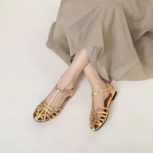 T-Strap Leather Flats with Orthopedic Footbed