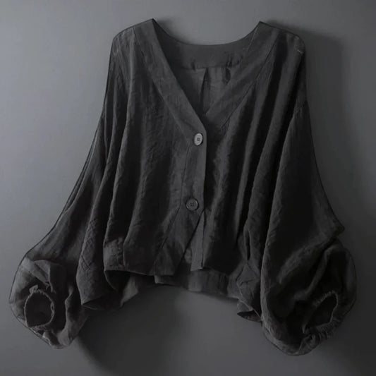 Button Down Linen Blouse with Puff Sleeves