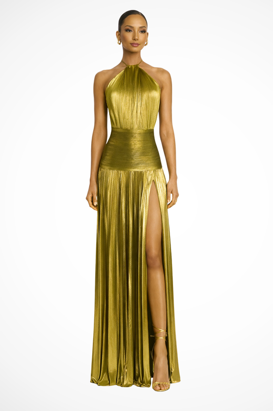 Pleated Satin Halter Maxi Dress