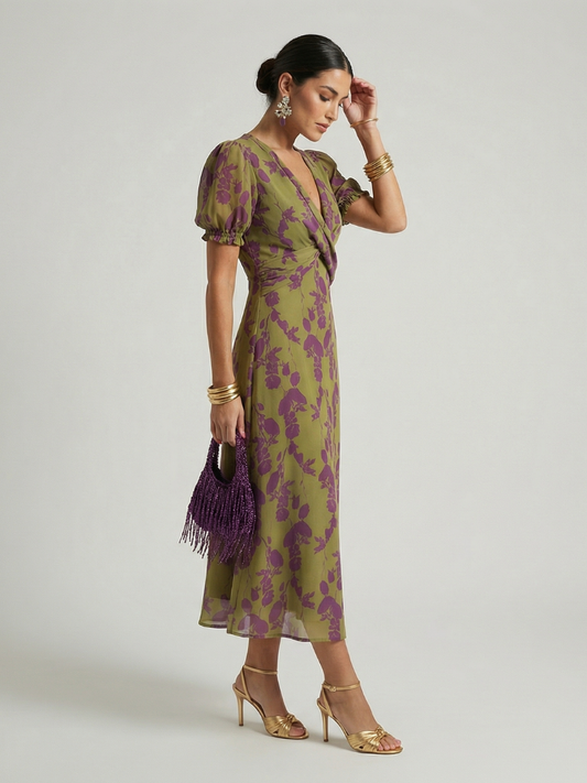 Floral Wrap Bodice Short Sleeve Midi Dress