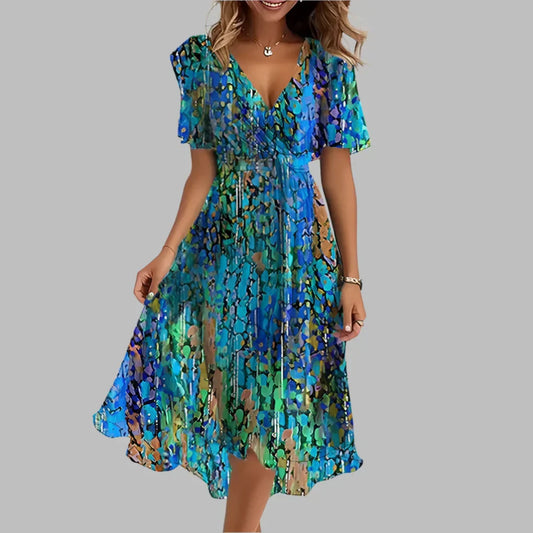 Women's Floral Midi Dress with Shirred Bodice