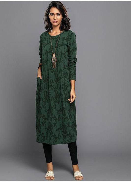 Relaxed Fit Floral Long Sleeve Midi Pocket Dress