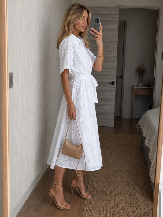 Cotton Blend Collared Midi Shirt Dress