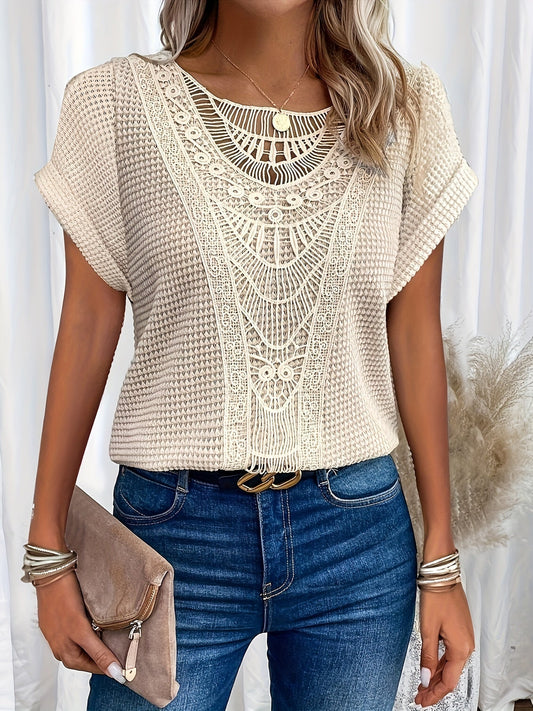 Relaxed Fit Round Neck Lace Trim Top