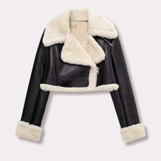 Teddy-Lined Faux Leather Cropped Jacket
