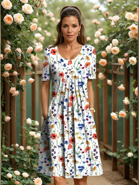 Floral A Line Midi Dress with Tummy Coverage and Pockets