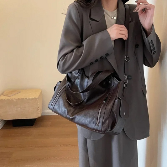 Vegan Leather Shoulder Bag With Multiple Pockets