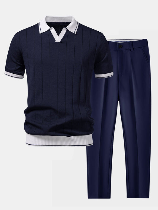 Men's Ribbed Polo And Tapered Trousers Set