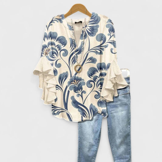 Ruffle Sleeve V-Neck Blouse
