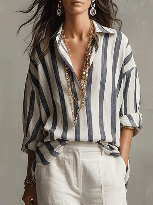 Relaxed Fit Striped Cotton Linen Blouse