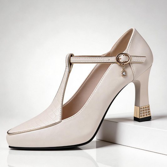 Women's T Strap Studded Block Heels with Platform