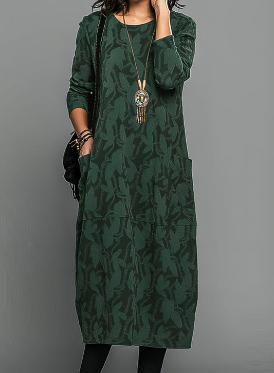 Leaf Print Winter Dress With Side Pockets