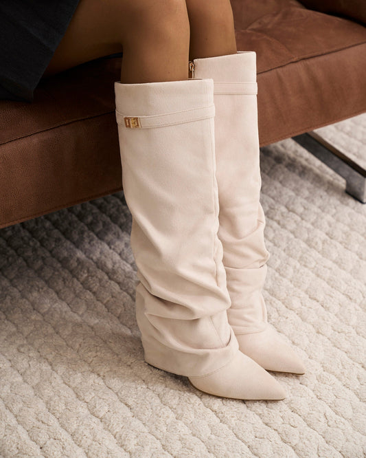 Creamy Slouchy Suede Knee-High Boots