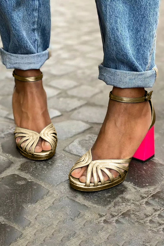 Metallic Strap Block Heel Sandals With Ankle Buckle