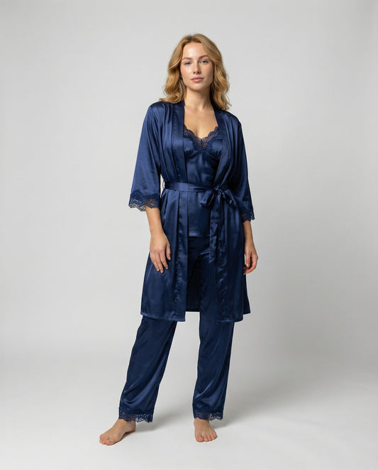 Silky Four Piece Pajama Set With Kimono Robe