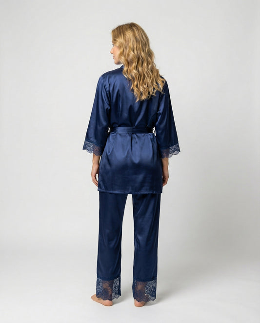 Silky Four Piece Pajama Set With Kimono Robe