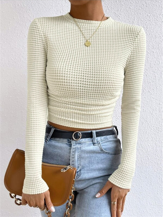 Fitted Waffle Knit Long Sleeve Cropped Top