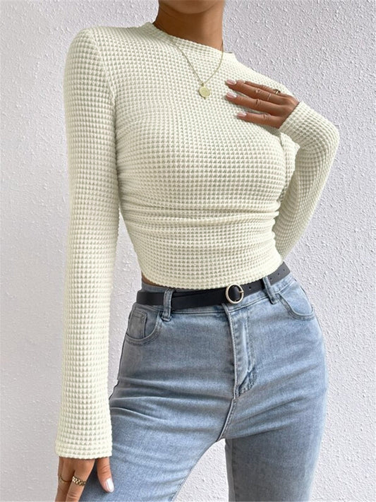 Fitted Waffle Knit Long Sleeve Cropped Top