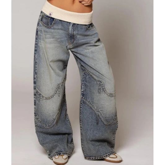 Baggy Wide Leg Jeans With Ribbed Waistband