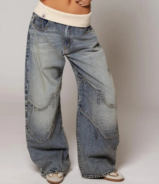 Baggy Wide Leg Jeans With Ribbed Waistband