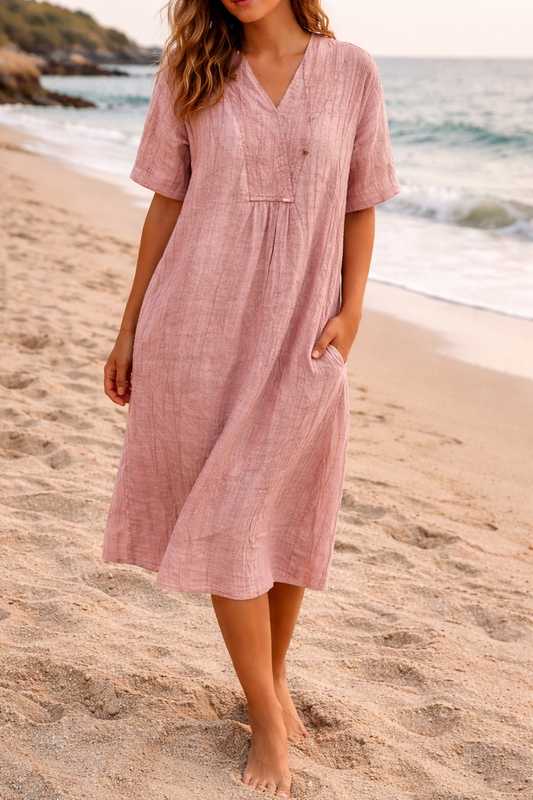 Women's Relaxed V-Neck Linen Midi Dress With Pockets