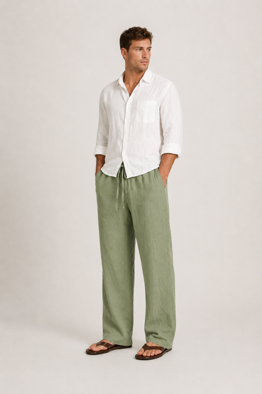 Straight Leg Linen Trousers With Drawcord Waist