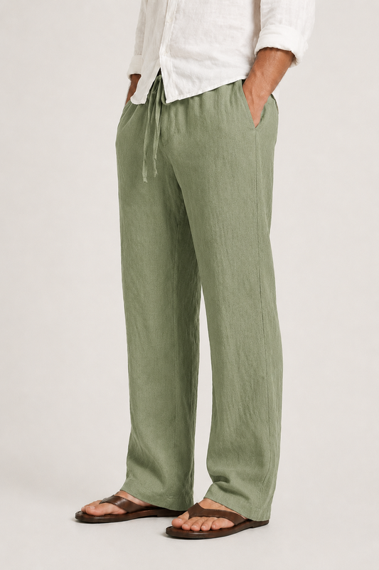 Straight Leg Linen Trousers With Drawcord Waist