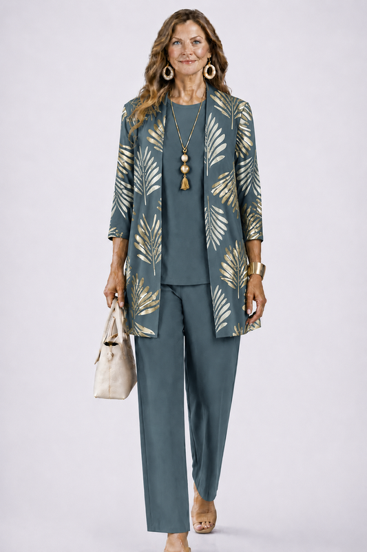 Printed Three Piece Cardigan Top And Trouser Set