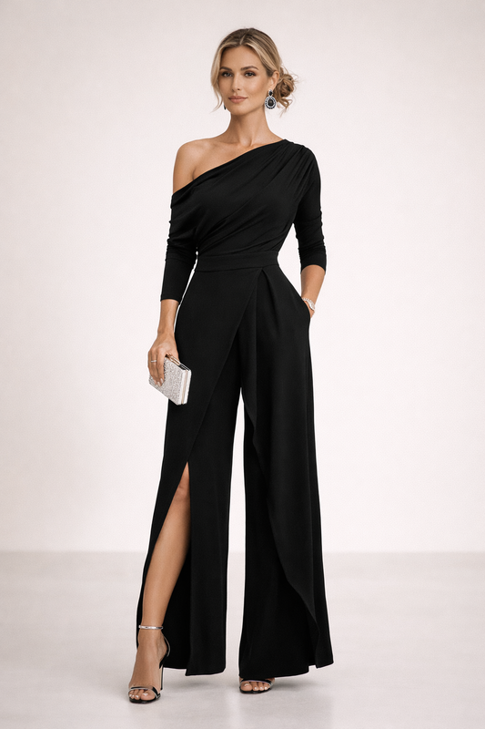 Asymmetric One Shoulder Jumpsuit With Layered Overlay