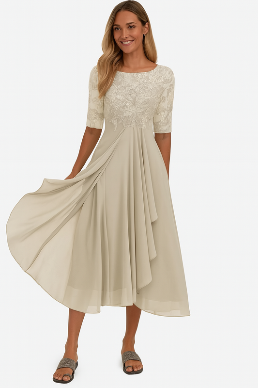 Lace and Chiffon A-Line Midi Dress