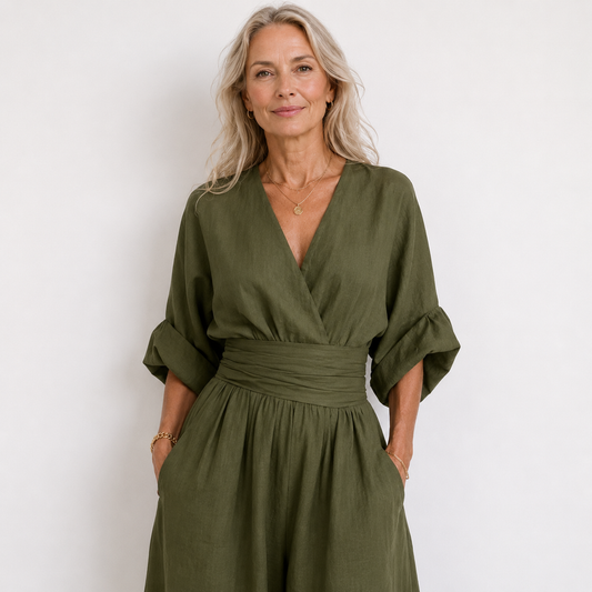 Wide Leg Linen Style V Neck Jumpsuit