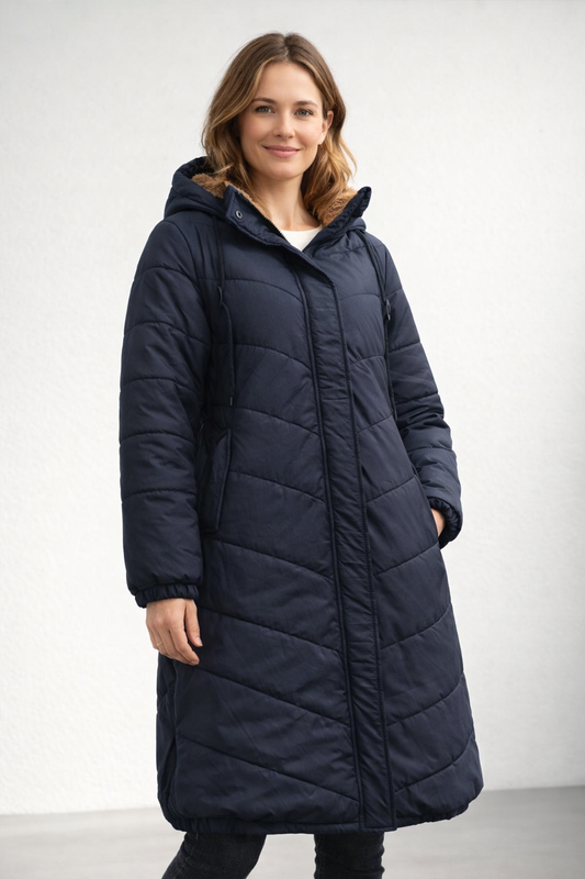 Women's Long Quilted Coat With Hood and Fleece Lining