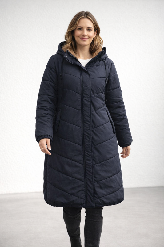 Women's Long Quilted Coat With Hood and Fleece Lining