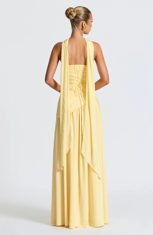 Asymmetric Draped Strapless Maxi Gown With Scarf