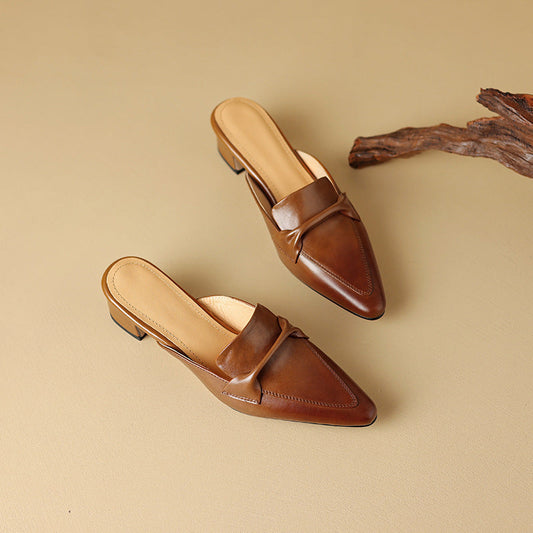 Genuine Leather Bow-Strap Cushioned Mules
