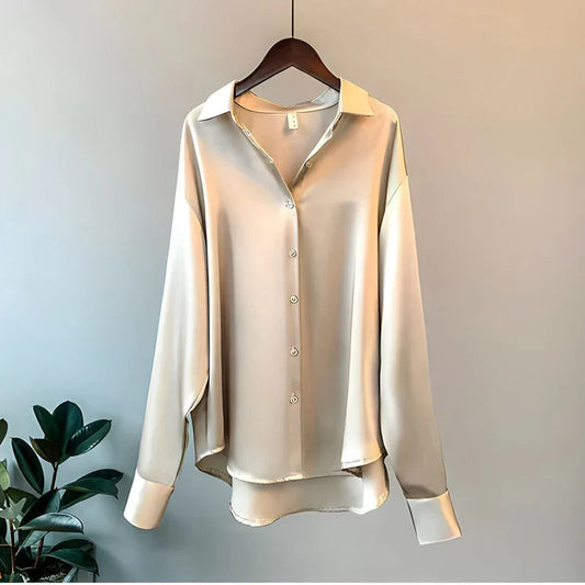 Long Sleeve Button-Up Satin Blouse