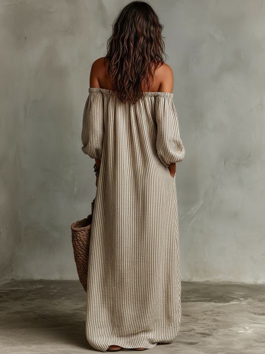 Off Shoulder Puff Sleeve Striped Maxi Dress