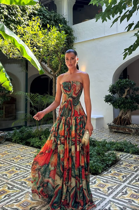 Pleated Wrap Neckline Strapless Maxi Dress