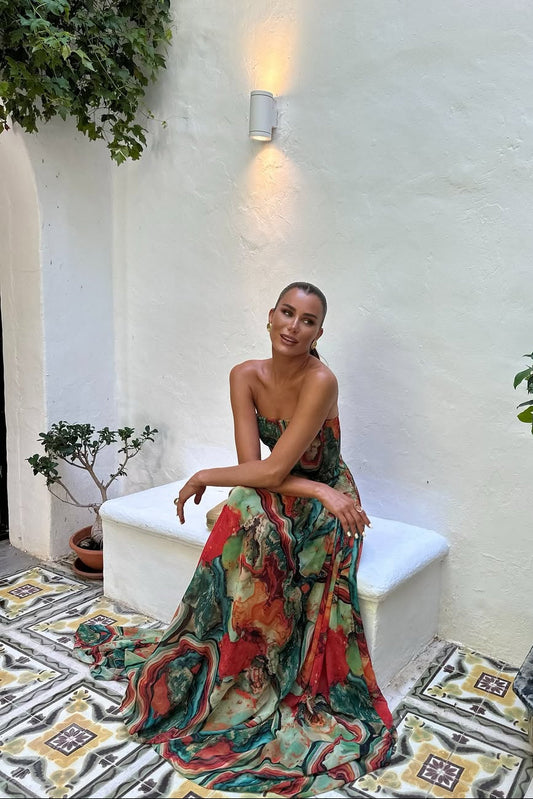 Pleated Wrap Neckline Strapless Maxi Dress