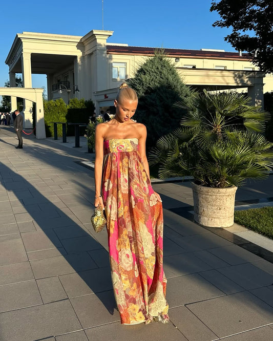 Pleated Strapless Floral Maxi Occasion Dress